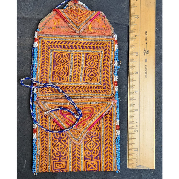 Kuchi Embroidered Pouch Wallet Central Asian Handmade Beaded String Tie - Picture 3 of 10